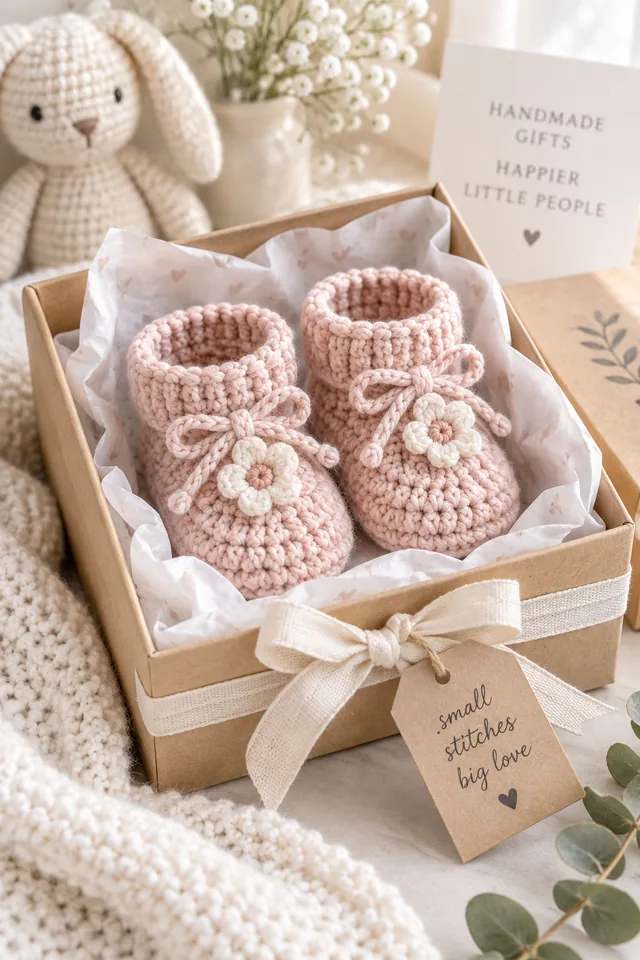 AI concept of pink crochet baby booties with tiny bows nestled in a kraft gift box with tissue paper