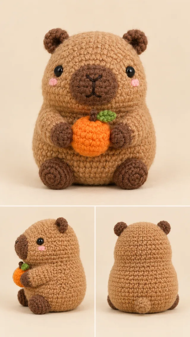 AI crochet concept sheet of a tan capybara holding an orange, with brown ears and paws and pink cheeks.