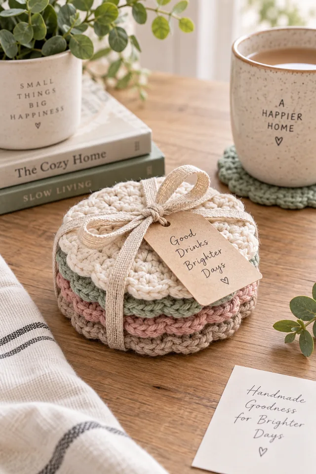 AI concept of a stack of round crochet coasters in cream, sage and pink tied with a linen ribbon and gift tag