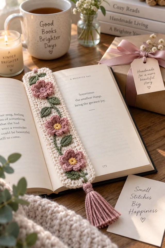 AI concept of a white crochet bookmark with pink flowers, green leaves and a pink tassel resting on an open book