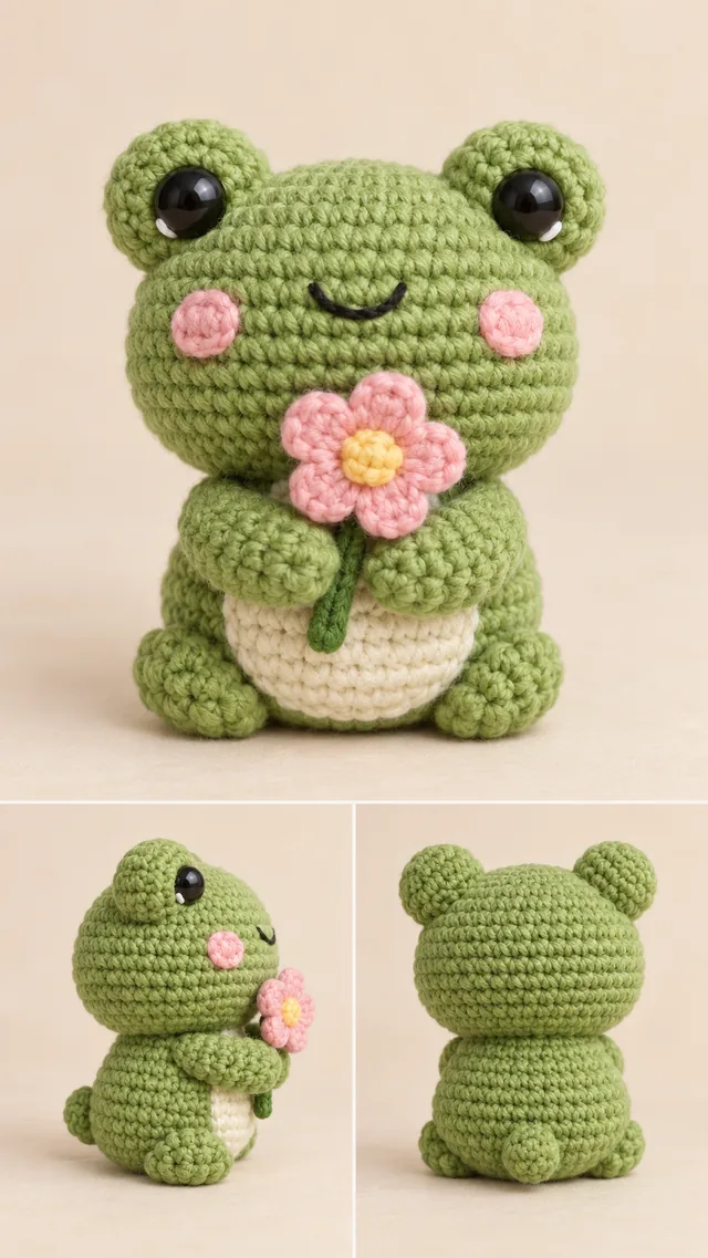 AI crochet frog concept with raised round eyes, a cream belly and a pink flower held at the front.