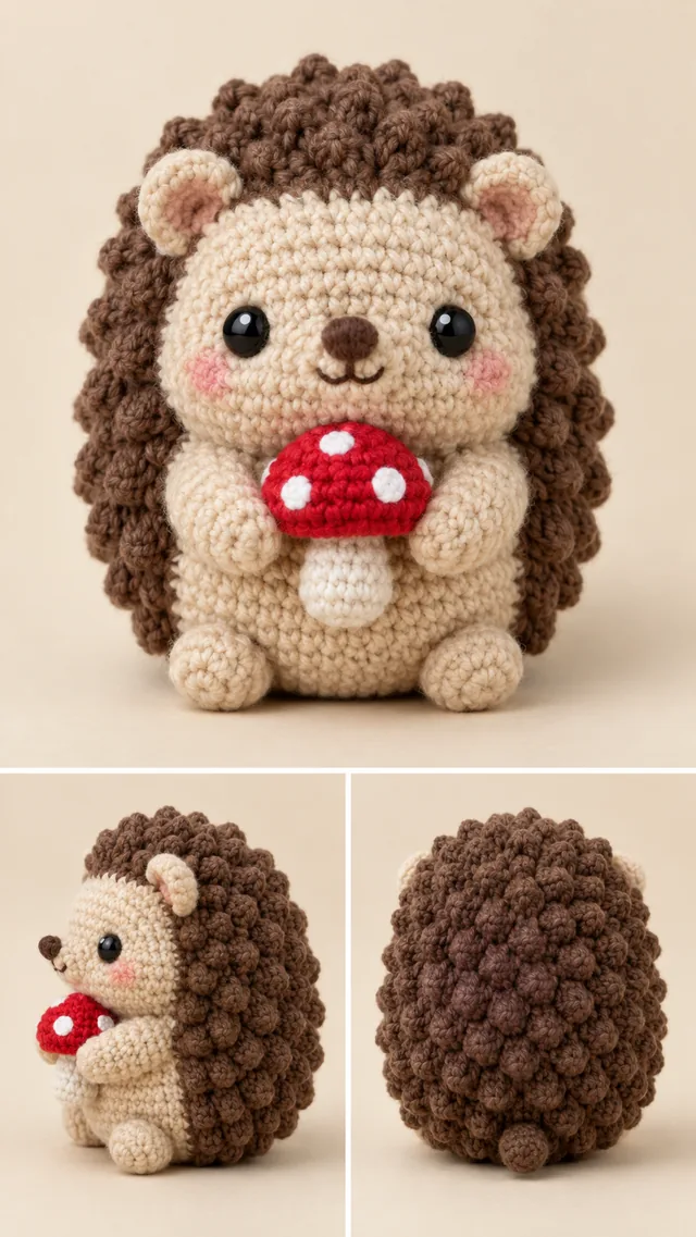AI crochet hedgehog concept with a cream face, textured brown back and a red mushroom with white spots.