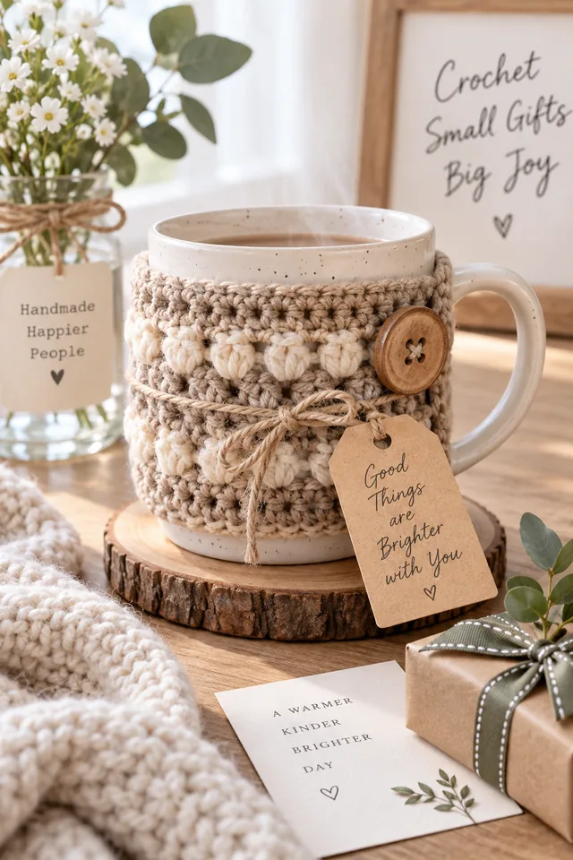 AI concept of a cream crochet mug cozy with wooden button, twine bow and kraft gift tag on a warm desk