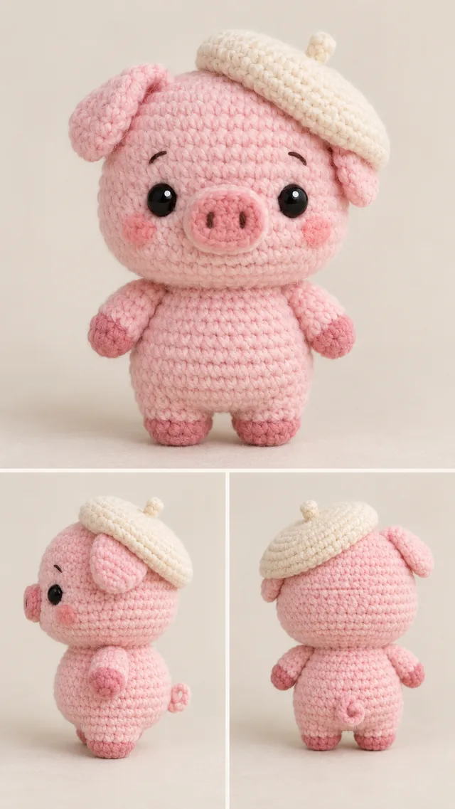 AI crochet pink pig concept wearing a cream beret, with darker pink hooves and a curled tail in the rear view.