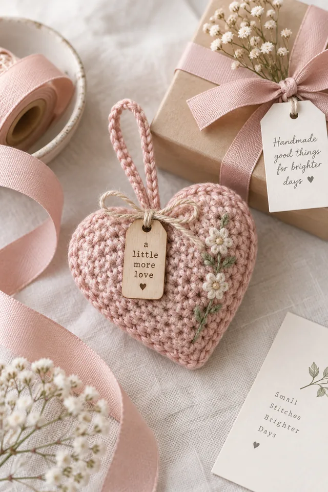 AI concept of a pink crochet stuffed heart with hanging loop and kraft tag beside a wrapped gift