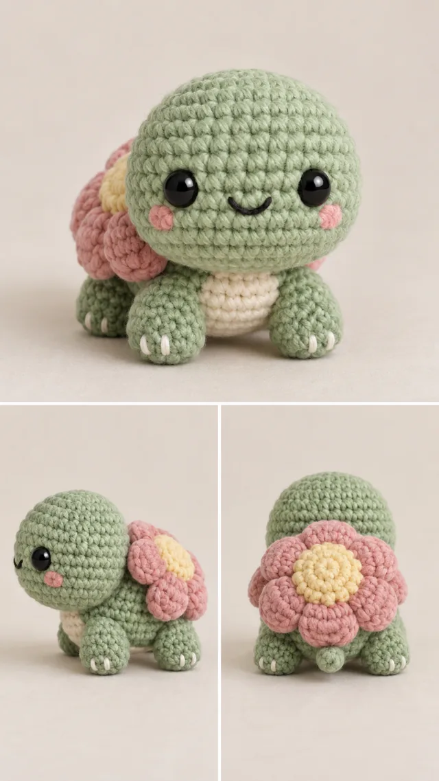 AI crochet turtle concept in pale green with a pink flower-shaped shell and yellow center, shown from three angles.